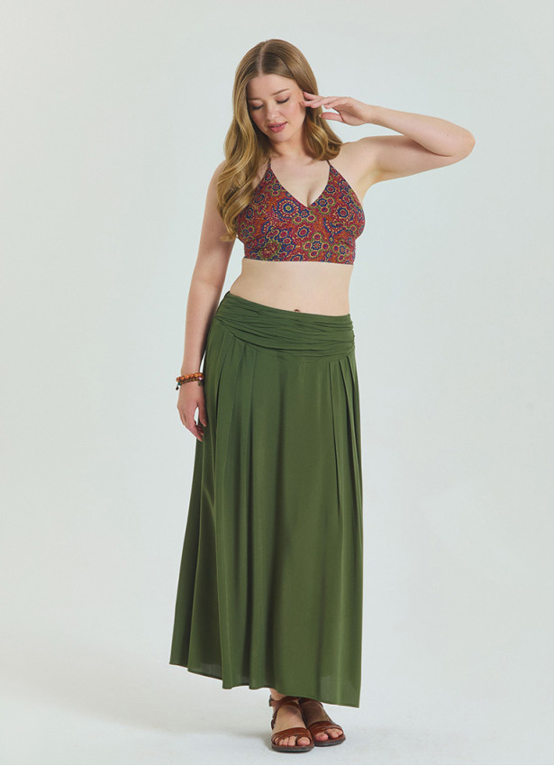 Khaki Plus Size Skirt with Elastic Waist and Drape Detail 4602